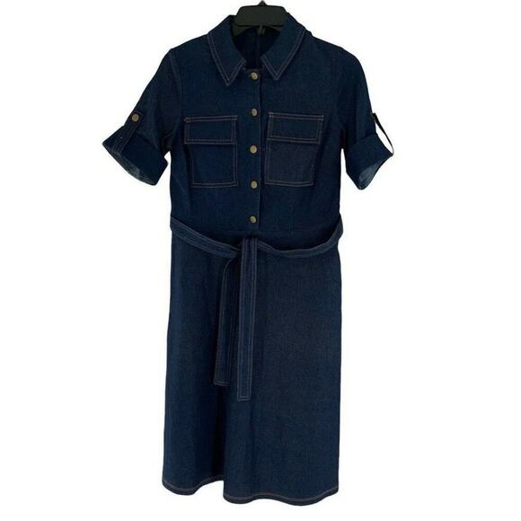 Shelby & Palmer Dress Women Sz 6 Belted Roll Up Sleeve Button Flap Pockets Denim - Picture 4 of 9